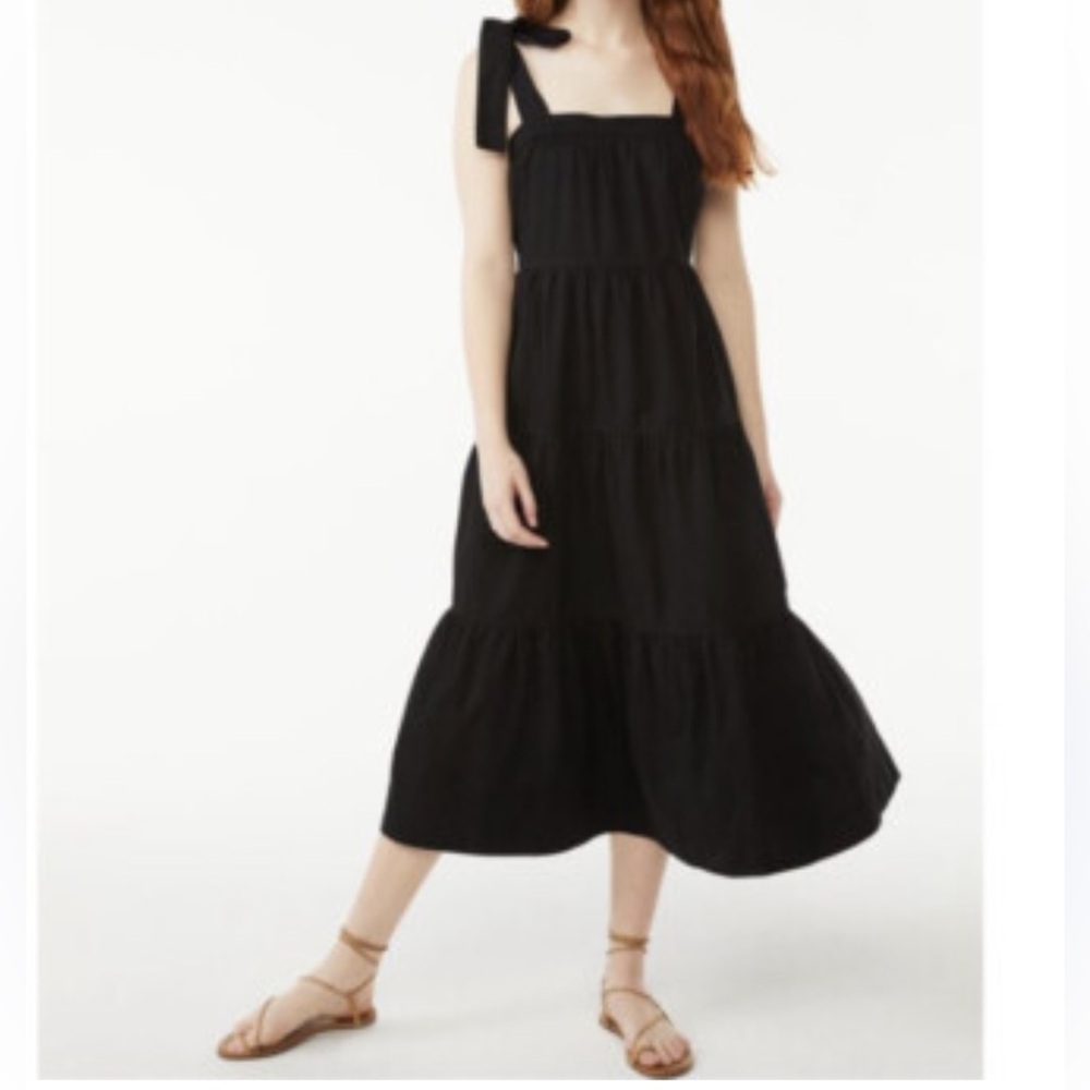 Free Assembly Black tiered Sleeveless Dress tie at shoulders cotton midi dress M